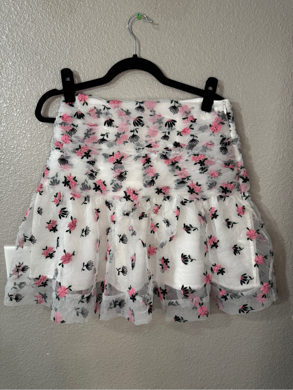 Jourden NWT Embroidered Floral Organza Mini Skirt White Pink Garden Coquette